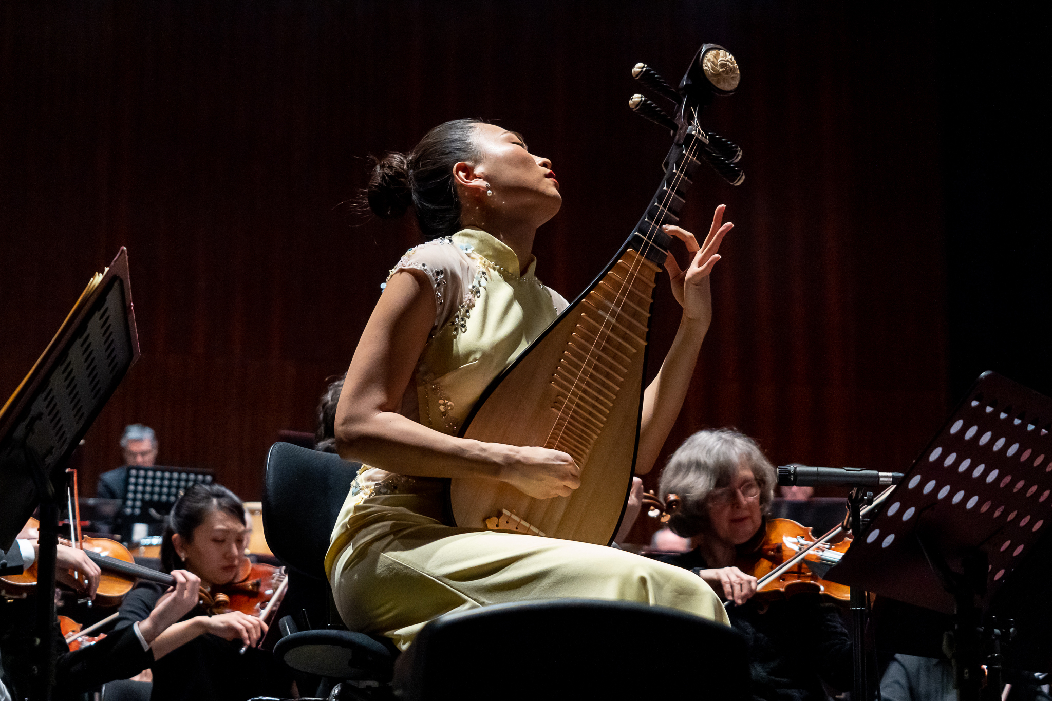 Lucy Zhao performing the pipa with orchestra during a live concert 
